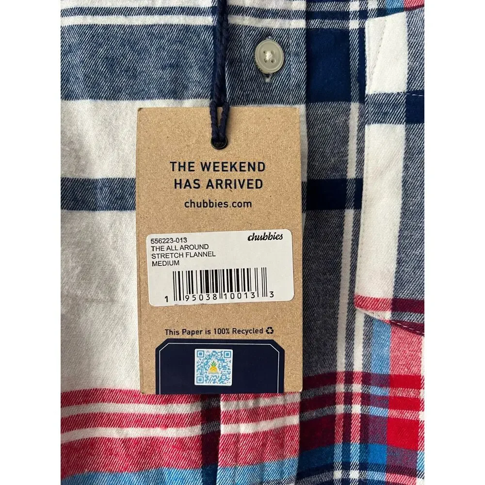 NWT Chubbies Mens The All Around Stretch Flannel Button Down Shirt Red Blue SZ M